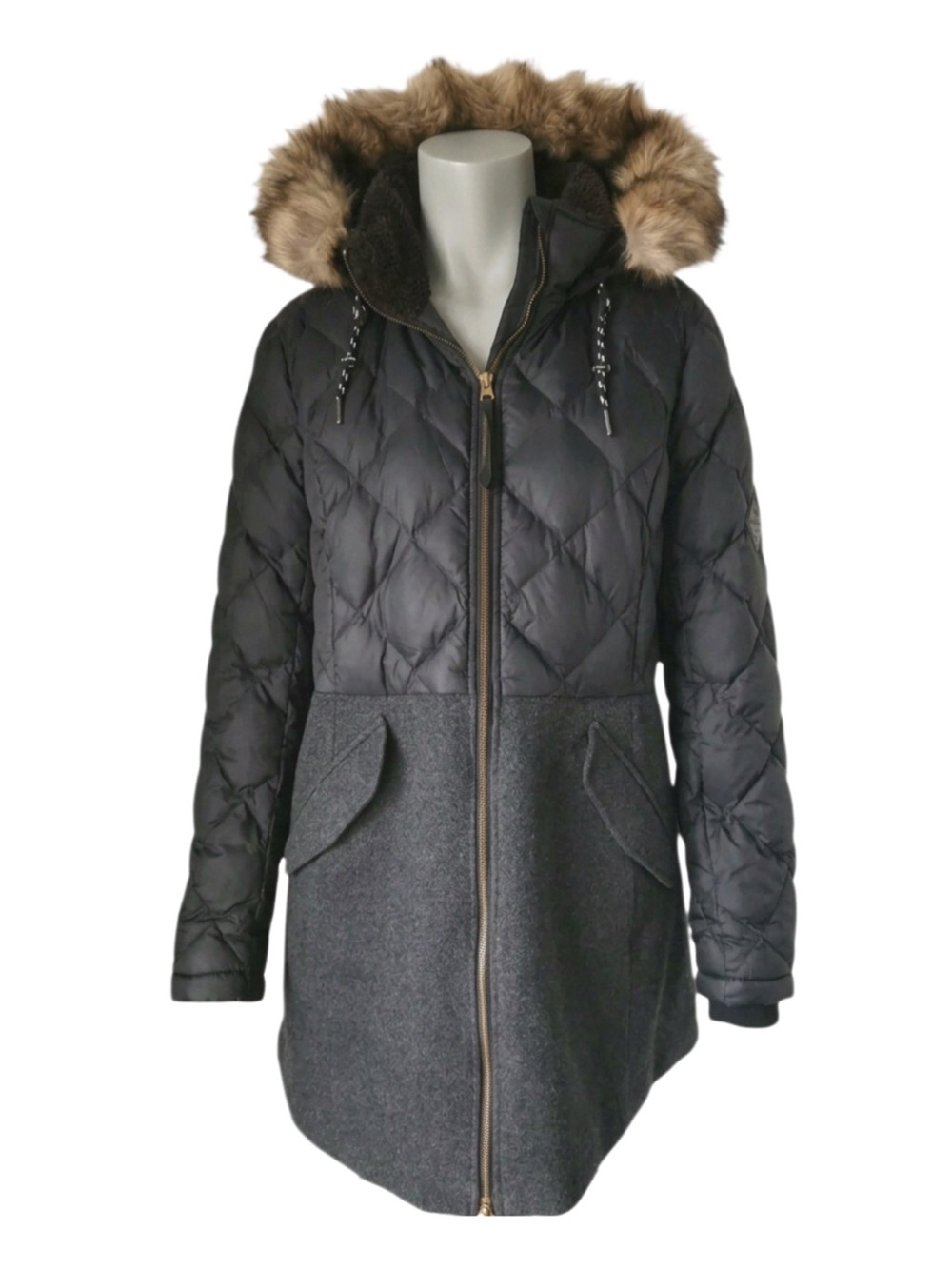 EDDIE BAUER Black Lanely Hybrid Wool Diamond Quilted Down Hooded Coat NWT